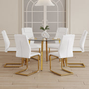 Table and chair set.A Modern Minimalist Style Round Clear Tempered Glass Table with Metal Legs.Paried with white chairs with Modern PU Leather High Back Upholstered and C-Tube Golden Legs.
