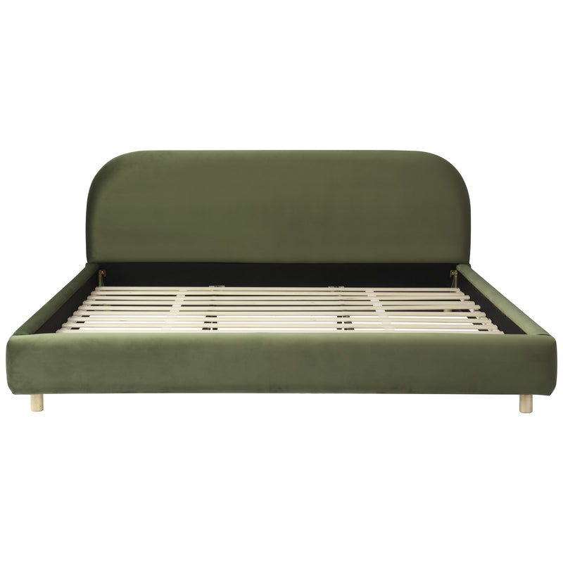 California King Size Upholstered Bed Frame With Velvet Fabric And Curve Design Thick Headboard, Solid Wood Legs, Olive Green (old sku N757P411871V)
