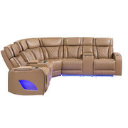 Fortuner Power Recliner Sectional Sofa with Power Headrests, Console Loveseats, Wedge, LED Light Strip, Speakers, Cup Holders & Storage Arms-Caramel