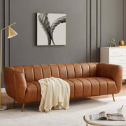 Ava Genuine Italian Leather Sofa with Channel Tufting in Tan, Solid Wood Frame, 85.5 inches for Living Room Bedroom