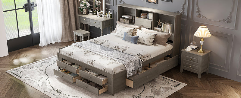 King Size Platform Bed with Storage Headboard and 8 Drawers, Gray