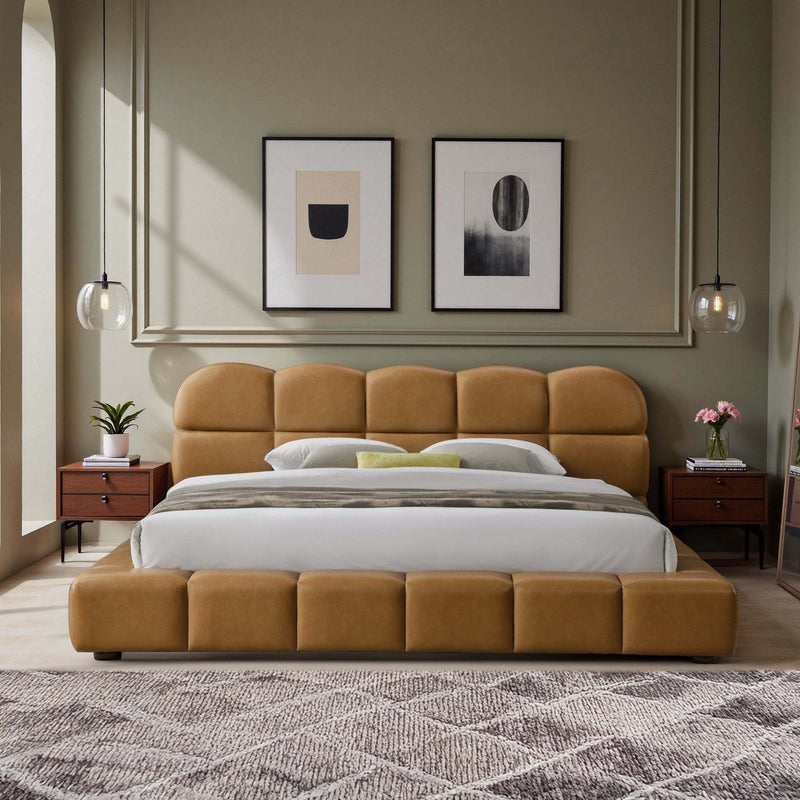 Roswell Luxurious King Size Platform Bed with Biscuit-Tufted Vegan Leather Headboard in Tan, Durable Material, 95.1 x 95.5 x 39.2 Inches