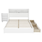Queen Size Bed with Drawers, Wood Queen Bed with Storage Headboard and Pull Out Storage Cabinet, Wood Bed with Light and Socket, White(Expect Arrival Date 2026/7/30)