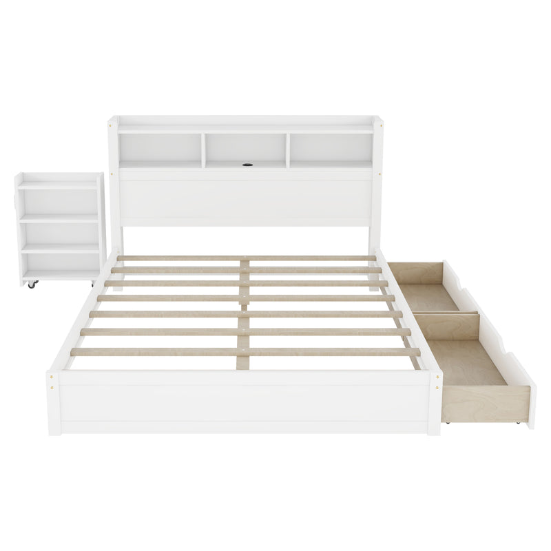Queen Size Bed with Drawers, Wood Queen Bed with Storage Headboard and Pull Out Storage Cabinet, Wood Bed with Light and Socket, White(Expect Arrival Date 2026/7/30)