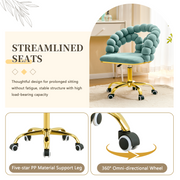 Modern Velvet Adjustable Swivel Desk Chair with Bubble Back, Upholstered Vanity Chair with Gold Metal Base, Rolling Office Chair for Home Office, Bedroom, Makeup Room, Blue (Set of 1)