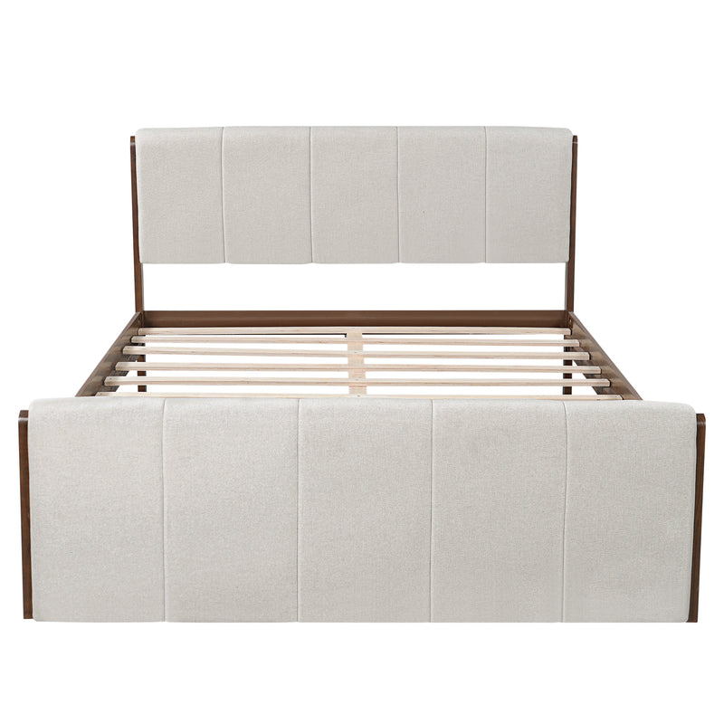 Queen Size Upholstered Bed Frame, Walnut Wood Trim with Grey Fabric, Pine Wood with MDF, 500 LBS Capacity, Fits 8'-10' Mattress, No Box Spring Needed