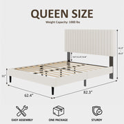 Queen Size Bed frame, Velvet Upholstered Platform Bed with Height-Adjustable Headboard, Sturdy Frame and Alats, Quiet Design, No-Spring Mattress Compatible, Easy to Assemble, Beige