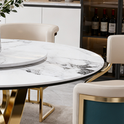 Round Dining Set with 360° Rotating Lazy Susan, Scratch & Heat‑Resistant Sintered Stone Tabletop, 6 Gold‑Plated Iron Thick Cushion Chairs for Dining Room, Kitchen, Compact Space