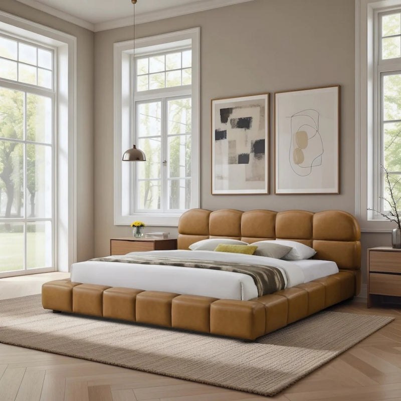 Roswell Luxurious King Size Platform Bed with Biscuit-Tufted Vegan Leather Headboard in Tan, Durable Material, 95.1 x 95.5 x 39.2 Inches