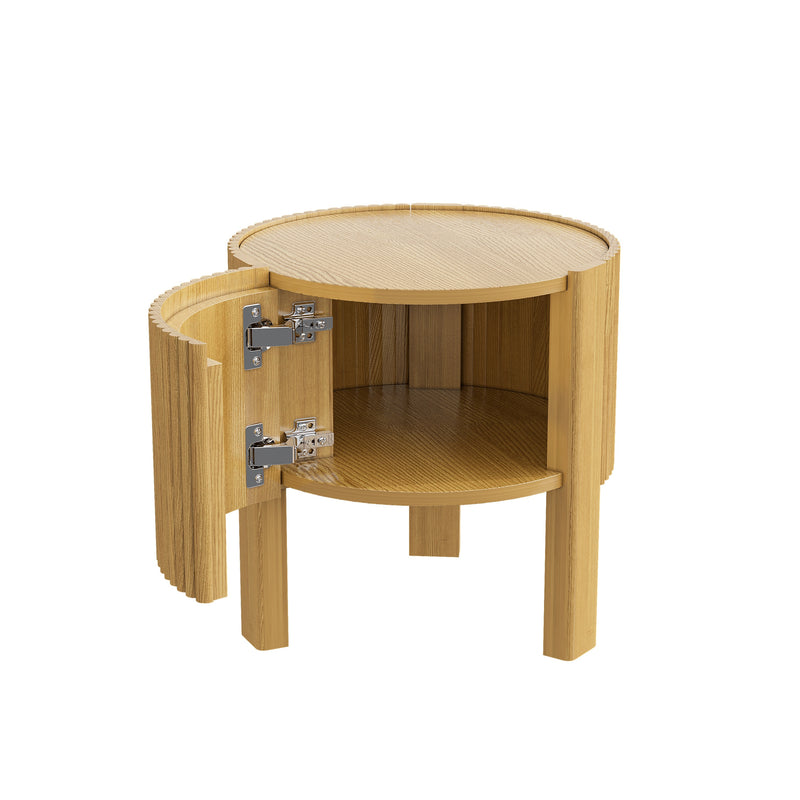 Round Fluted Side Table with Storage for Living Room, Rubber Solid Wood, Soft-close Door, Natural, 19.6'