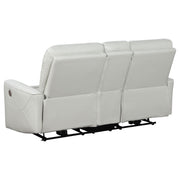 Denson Dove Grey Upholstered Power Reclining Loveseat with Console and USB Port