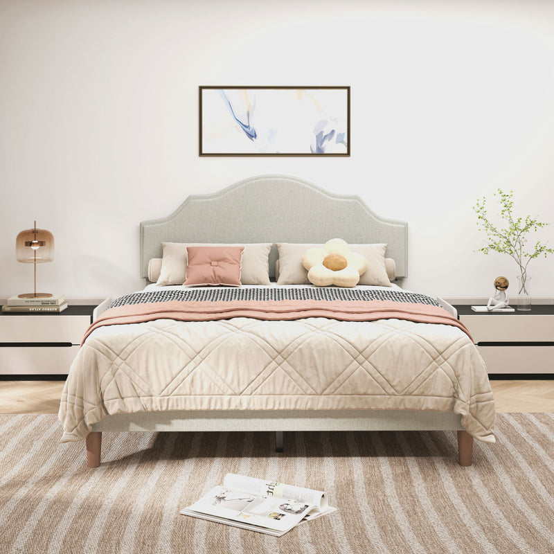 Queen Size Bed Frame Upholstered Platform Bed with Adjustable Headboard,Linen Fabric Padded,Modern Simple Style Platform Bed No Box Spring Needed, Easy Assembly, Beige
