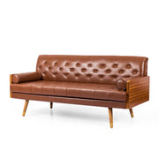 Adelaide Mid-Century Modern Tufted Sofa with Rolled Accent Pillows in Light Brown PU