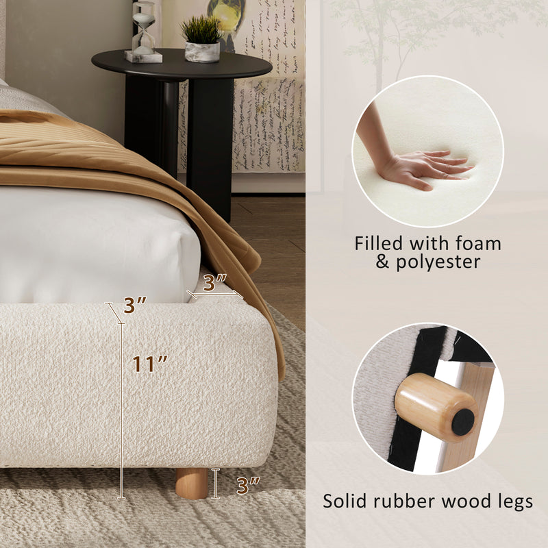 California King Size Upholstered Bed With Boucle Fabric,Curved-Shape Design Thick Headboard, Solid Wood Legs,White (old sku N757P411871K)