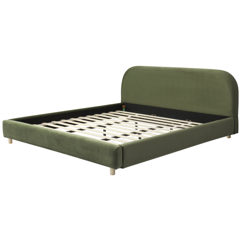 California King Size Upholstered Bed Frame With Velvet Fabric And Curve Design Thick Headboard, Solid Wood Legs, Olive Green (old sku N757P411871V)