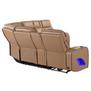 Fortuner Power Recliner Sectional Sofa with Power Headrests, Console Loveseats, Wedge, LED Light Strip, Speakers, Cup Holders & Storage Arms-Caramel