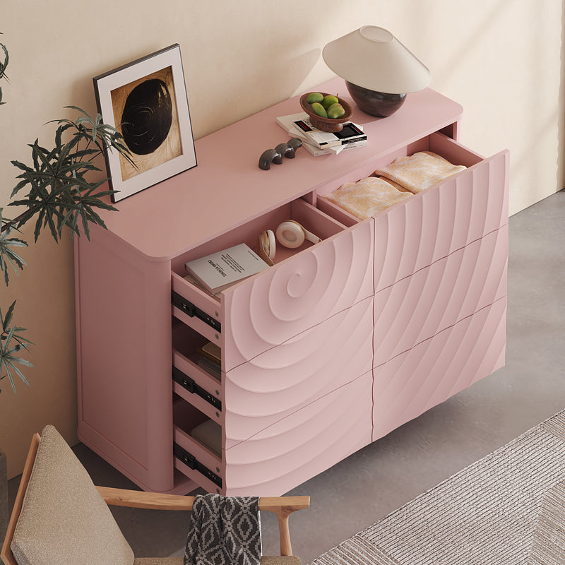 6 Drawer Dresser for Bedroom, 46.5' Wide Modern Large Chest of Drawers with Handle Free & Ripple Design,Wooden Clothes Storage Organizer for Closet, Nursery, Living Room, Apartment,Pink