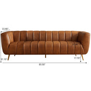 Ava Genuine Italian Leather Sofa with Channel Tufting in Tan, Solid Wood Frame, 85.5 inches for Living Room Bedroom