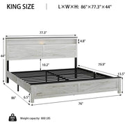 King size bed with wooden headboard and hidden storage space, no need for box springs,Antique White+Gray