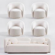 Modern Japandi White Boucle Sofa Set, 5-Piece Upholstered Cloud Couch Bundle, 3-Seater Sofa + 4 Pack 360° Swivel Barrel Accent Chairs for Living Room, Apartment, Home Office