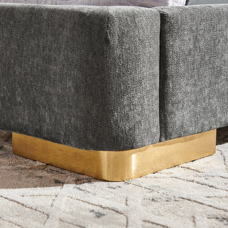 Queen Size Extra Large Platform Bed, Soft Chenille Fabric Frame, Curved Headboard, Reinforced Electroplated Metal Legs, Flexible DIY Side Space Design-Dark Gray