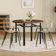 Table and chair set.42 inch modern minimalist brown wood grain round dining table set.Paired with 4 Transparent Plastic Chairs with Black Metal Legs.Bring a comfortable home experience.