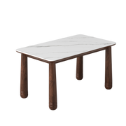 63' Sintered Stone Dining Table Set with 6 Upholstered Chairs, Farmhouse Dinner Table Set of 7 Piece with White Stone Top & Solid Wood Walnut Frame, Beige Chenille Seats, Heavy-Duty Support up to 1000