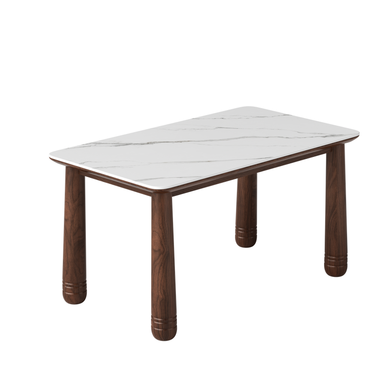 63' Sintered Stone Dining Table Set with 6 Upholstered Chairs, Farmhouse Dinner Table Set of 7 Piece with White Stone Top & Solid Wood Walnut Frame, Beige Chenille Seats, Heavy-Duty Support up to 1000