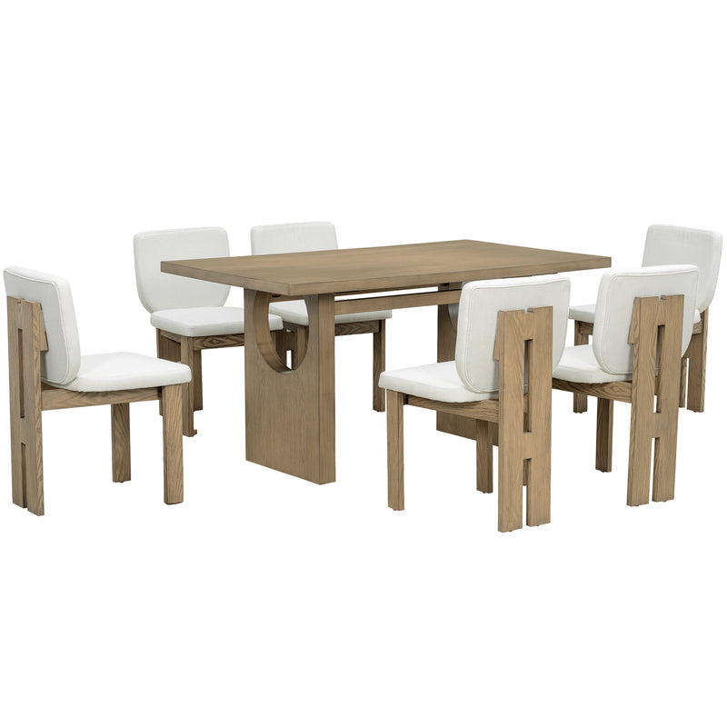 TREXM 7-Piece Retro Dining Table Set for 6, 60' Wood Dining Table Set for 6 with Upholstered Chairs and Designed Trestle Base for kitchen & Dining Room (Natural Wood Wash)