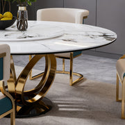 Round Dining Set with 360° Rotating Lazy Susan, Scratch & Heat‑Resistant Sintered Stone Tabletop, 4 Gold‑Plated Iron Thick Cushion Chairs for Dining Room, Kitchen, Compact Space