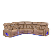 Fortuner Power Recliner Sectional Sofa with Power Headrests, Console Loveseats, Wedge, LED Light Strip, Speakers, Cup Holders & Storage Arms-Caramel