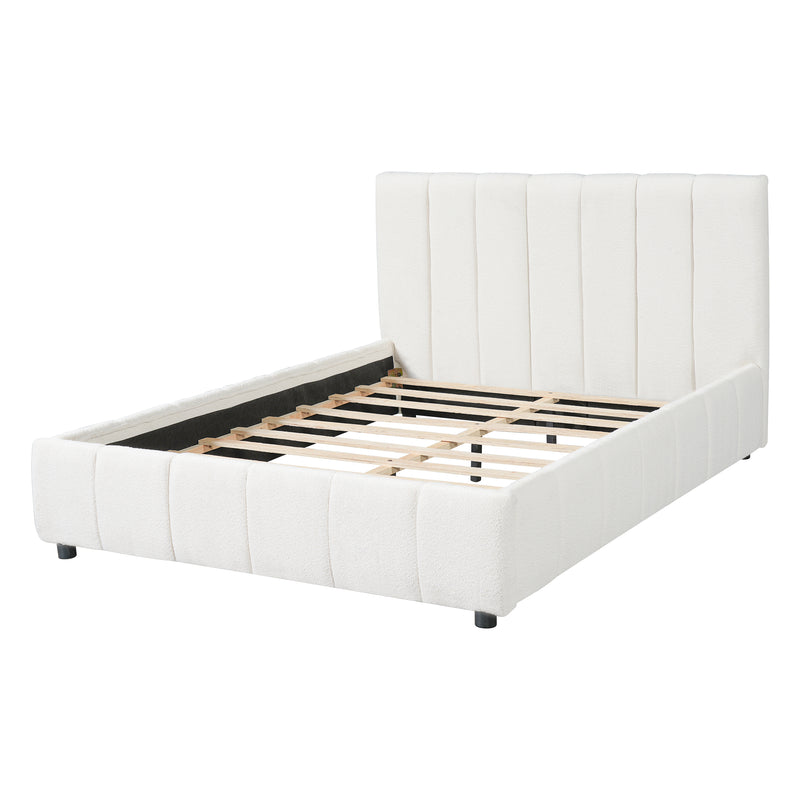 Queen Size Upholstered Bed Frame With Boucle Fabric And Thick Headboard, Off white