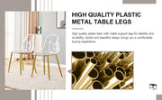 Table and chair set.Modern circular transparent tempered glass table, tempered glass tabletop, golden metal table legs.A Set of 6 Transparent Plastic Chairs with gold legs.