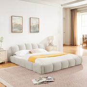 Queen Size Elegant Chenille Upholstered Platform Bed Frame, Thick Curved Headboard & Wrapped Footboard, Low Profile Floor Bed, No Box Spring Required, Easy Assembly, Beige