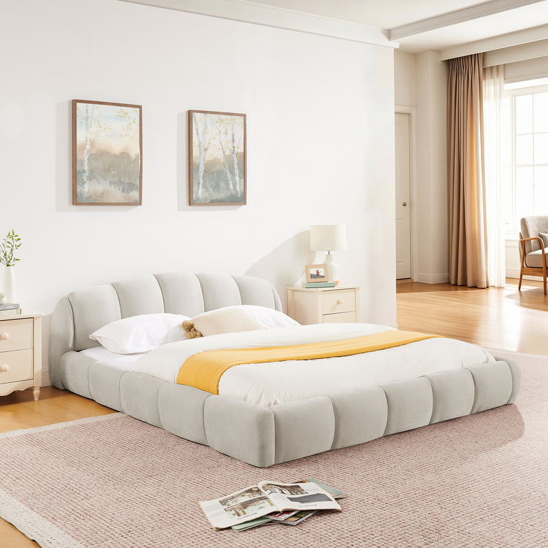 Queen Size Elegant Chenille Upholstered Platform Bed Frame, Thick Curved Headboard & Wrapped Footboard, Low Profile Floor Bed, No Box Spring Required, Easy Assembly, Beige