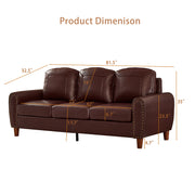 Classic Living Room Sofa Faux Leather Couch,Rolled Arm Sofa with Nails,Solid Wood Legs,Upholstered Breathable PU Leather Burgundy.