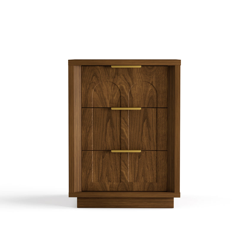 Two-piece nightstand set with arched grooves, large side table with three drawers, spacious storage side table with metal handles, suitable for bedrooms, living rooms, and offices, Walnut
