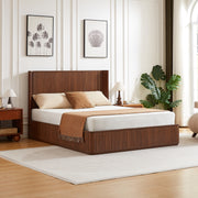 Walnut Corrugated Wave Wood Headboard Platform Bed frame, 44' Tall Headboard Queen Size Bed Frame, Modern Minimalist, Easy Assembly, No Box Spring Required