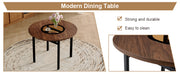 Table and chair set.42 inch modern minimalist brown wood grain round dining table set.Paired with 4 Transparent Plastic Chairs with Black Metal Legs.Bring a comfortable home experience.