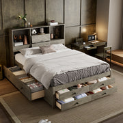 Queen Size Platform Bed with Storage Headboard and 8 Drawers, Gray
