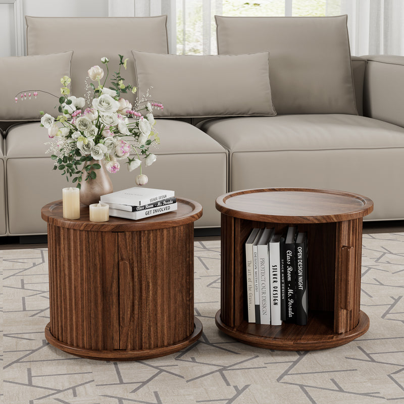 4Piece Round Coffee Table Set, Modern Nesting Side Tables with Sliding Door Storage, Walnut Finish Sofa End Table & Bedside Nightstand for Living Room & Bedroom, Fluted Roman Column Design Accent Tab
