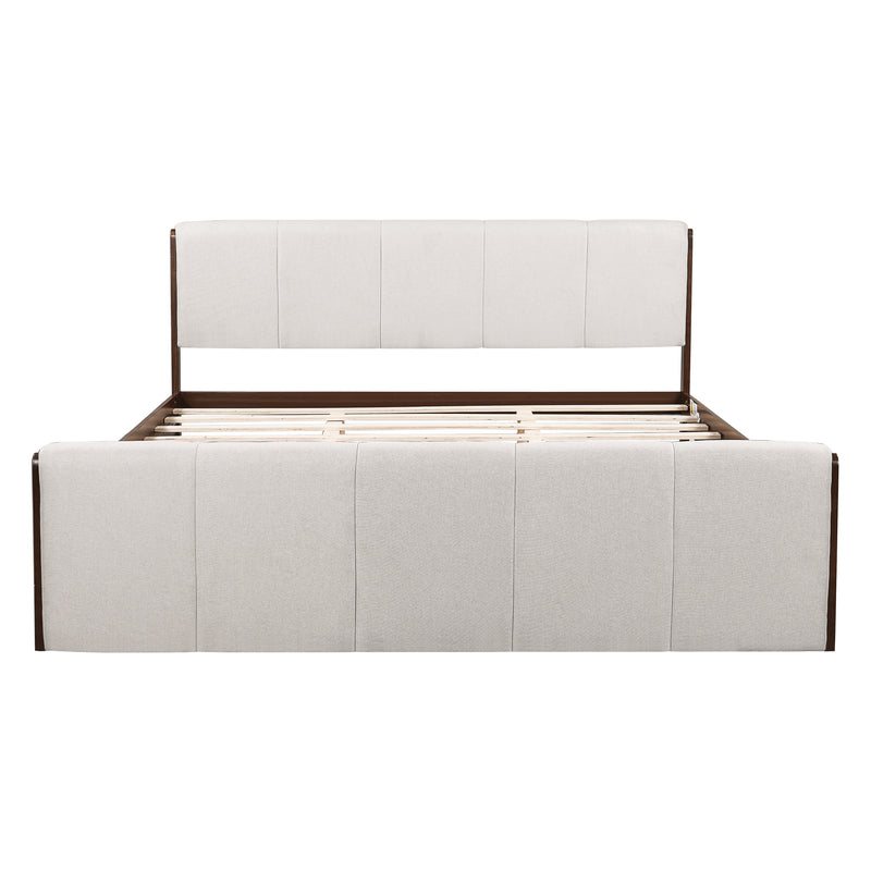 King Size Upholstered Bed Frame, Walnut Wood Trim with Grey Fabric, Pine Wood with MDF, 600 LBS Weight Capacity, Fits 8'-10' Mattress, No Box Spring Needed