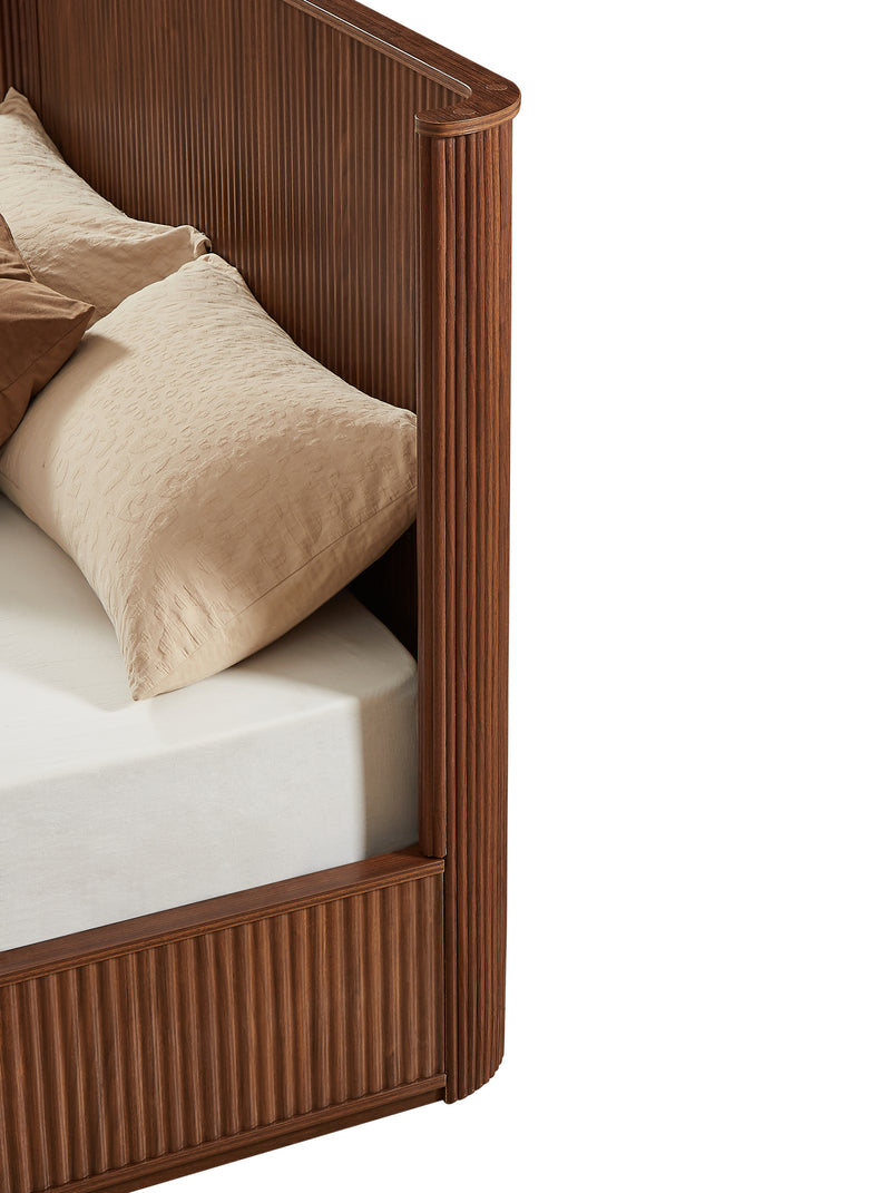 Walnut Corrugated Wave Wood Headboard Platform Bed frame, 44' Tall Headboard Queen Size Bed Frame, Modern Minimalist, Easy Assembly, No Box Spring Required