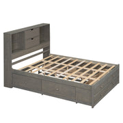 Queen Size Platform Bed with Storage Headboard and 8 Drawers, Gray