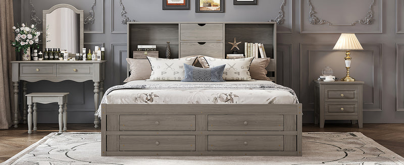 King Size Platform Bed with Storage Headboard and 8 Drawers, Gray