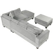 Modern Sectional Sofa With Storage Ottoman, L - Shape Couch With 2 Pillows And Cup Holders