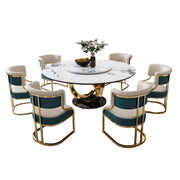 Round Dining Set with 360° Rotating Lazy Susan, Scratch & Heat‑Resistant Sintered Stone Tabletop, 6 Gold‑Plated Iron Thick Cushion Chairs for Dining Room, Kitchen, Compact Space