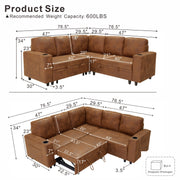 Foil Fabric upholstered L-Shape Sectional Sofa Bed with Pull Out Sleeper and Storage, Convertible Corner Couch with Cup Holders & Side Pockets for Living Room