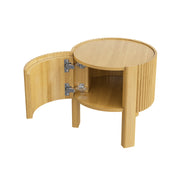 Round Fluted Side Table with Storage for Living Room, Rubber Solid Wood, Soft-close Door, Natural, 19.6'