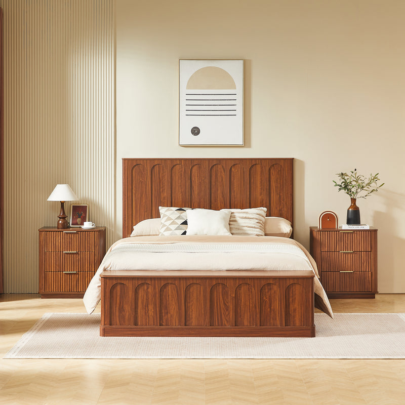 Queen Size Bed Frame with Storage, Mid-Century Modern Wood Platform Bed with Footboard Bench, Arched Panel Design, No Box Spring Needed, Walnut.